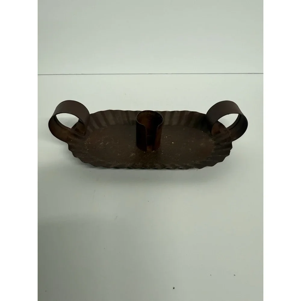 Primitive Rustic ‎  Pillar Candle Fluted Tin Pan Candlestick Handle